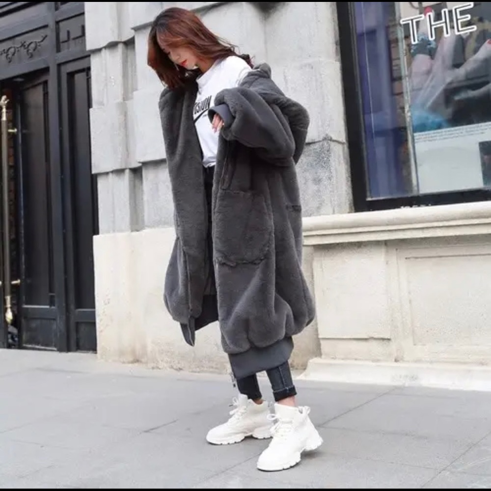 Faux fur zip-up long oversized hoodie